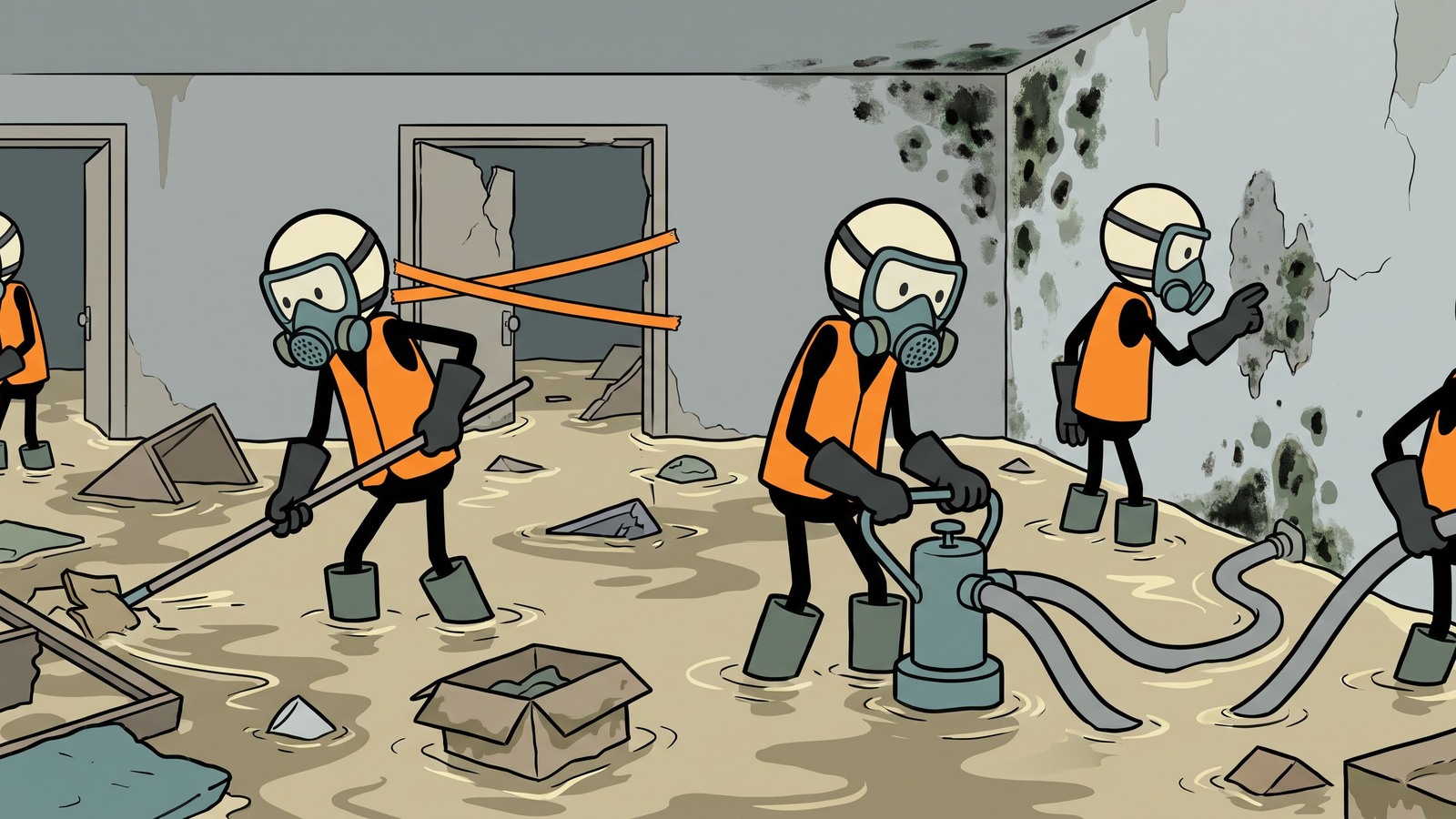 Ilustração estilo SC para Um guia completo de sobrevivência para recuperar sua casa com segurança após uma enchente, focando na identificação de riscos estruturais, prevenção do crescimento de mofo tóxico e execução de um protocolo de sanitização passo a passo.