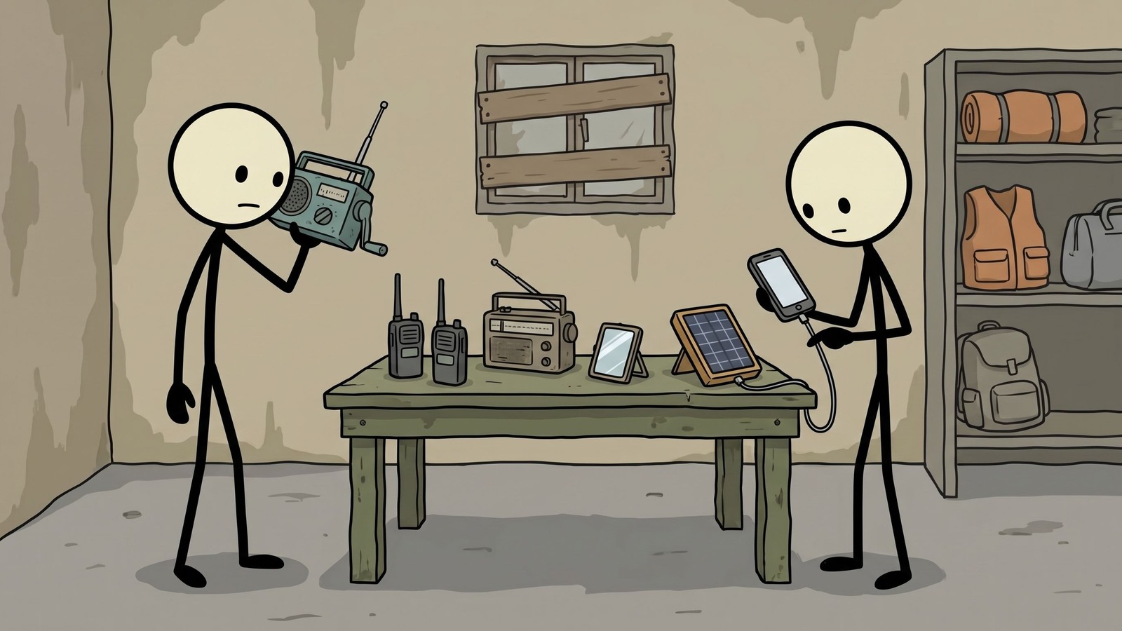 Boneco com rádio de emergência e power bank durante um apagão