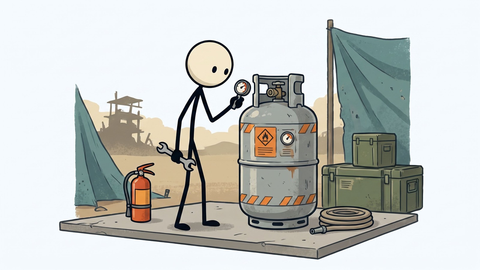 Ilustração estilo SC para um guia completo para preppers sobre como armazenar, manusear e calcular com segurança as necessidades de propano para sobrevivência off-grid e preparação para emergências a longo prazo.