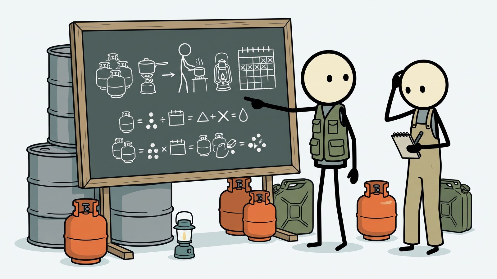 Ilustração estilo SC para um guia completo para preppers sobre como armazenar, manusear e calcular com segurança as necessidades de propano para sobrevivência off-grid e preparação para emergências a longo prazo.