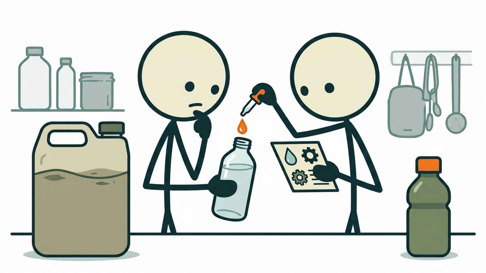 Ilustração estilo SC para Explicar a dosagem de alvejante doméstico sem perfume, tempo de contato, limites e quando outro método é necessário.