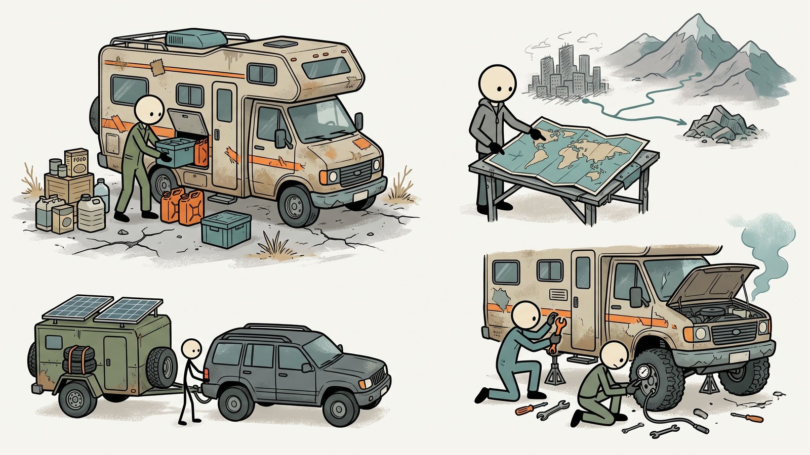 Ilustração estilo SC para Este guia abrangente explora como equipar, estocar e utilizar estrategicamente um RV ou trailer de viagem como um abrigo móvel de sobrevivência autossustentável durante evacuações de emergência.