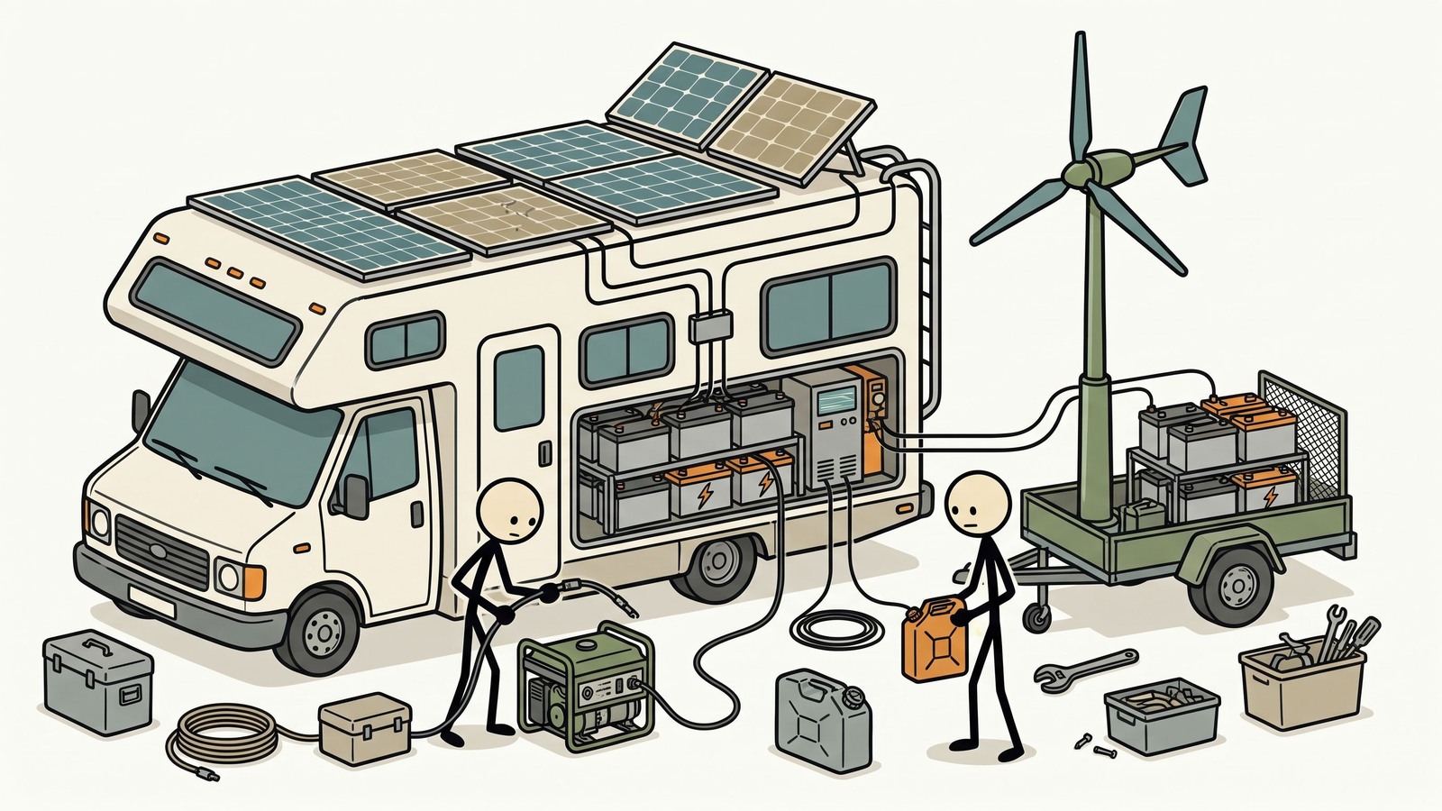 Ilustração estilo SC para Este guia abrangente explora como equipar, estocar e utilizar estrategicamente um RV ou trailer de viagem como um abrigo móvel de sobrevivência autossustentável durante evacuações de emergência.
