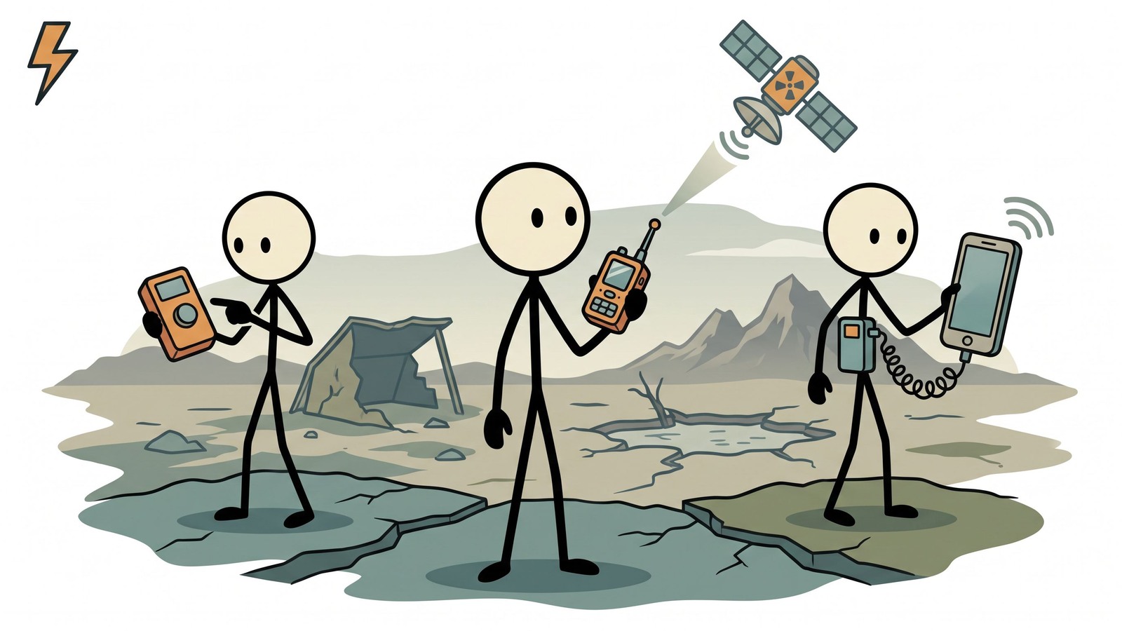 Ilustração estilo SC para comparação direta dos principais comunicadores via satélite para preparação para emergências