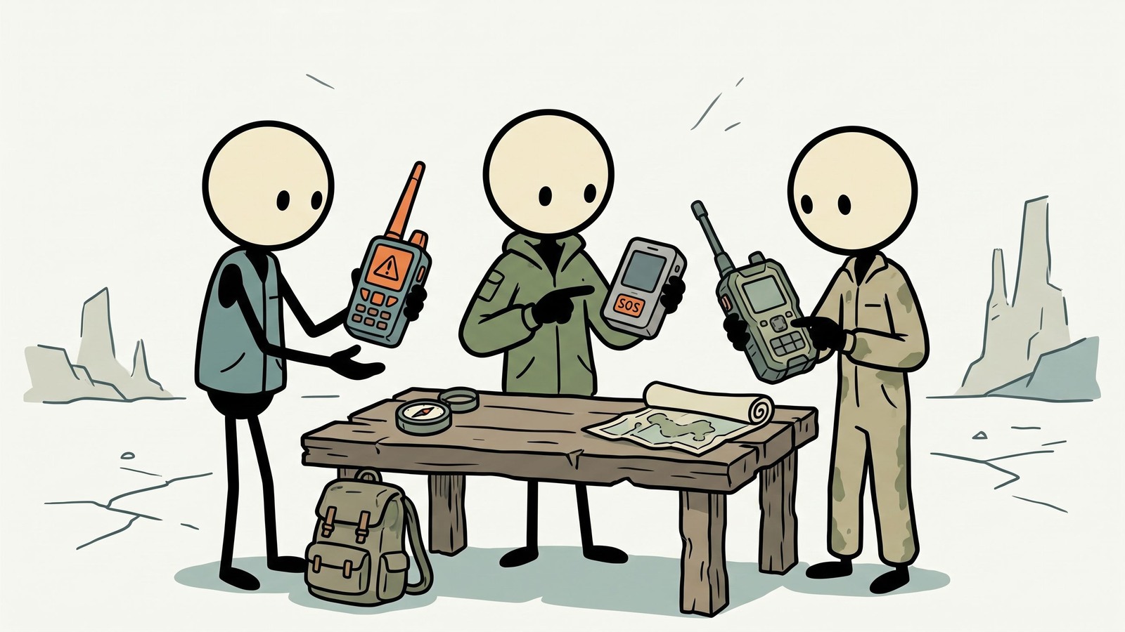 Ilustração estilo SC para comparação direta dos principais comunicadores via satélite para preparação para emergências