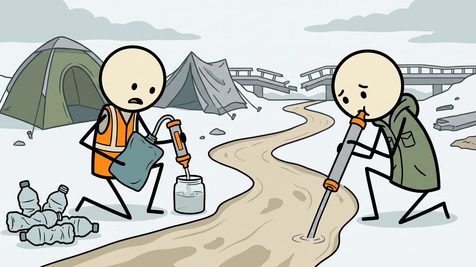 Ilustração de uso de emergência do filtro de água Sawyer Squeeze e LifeStraw