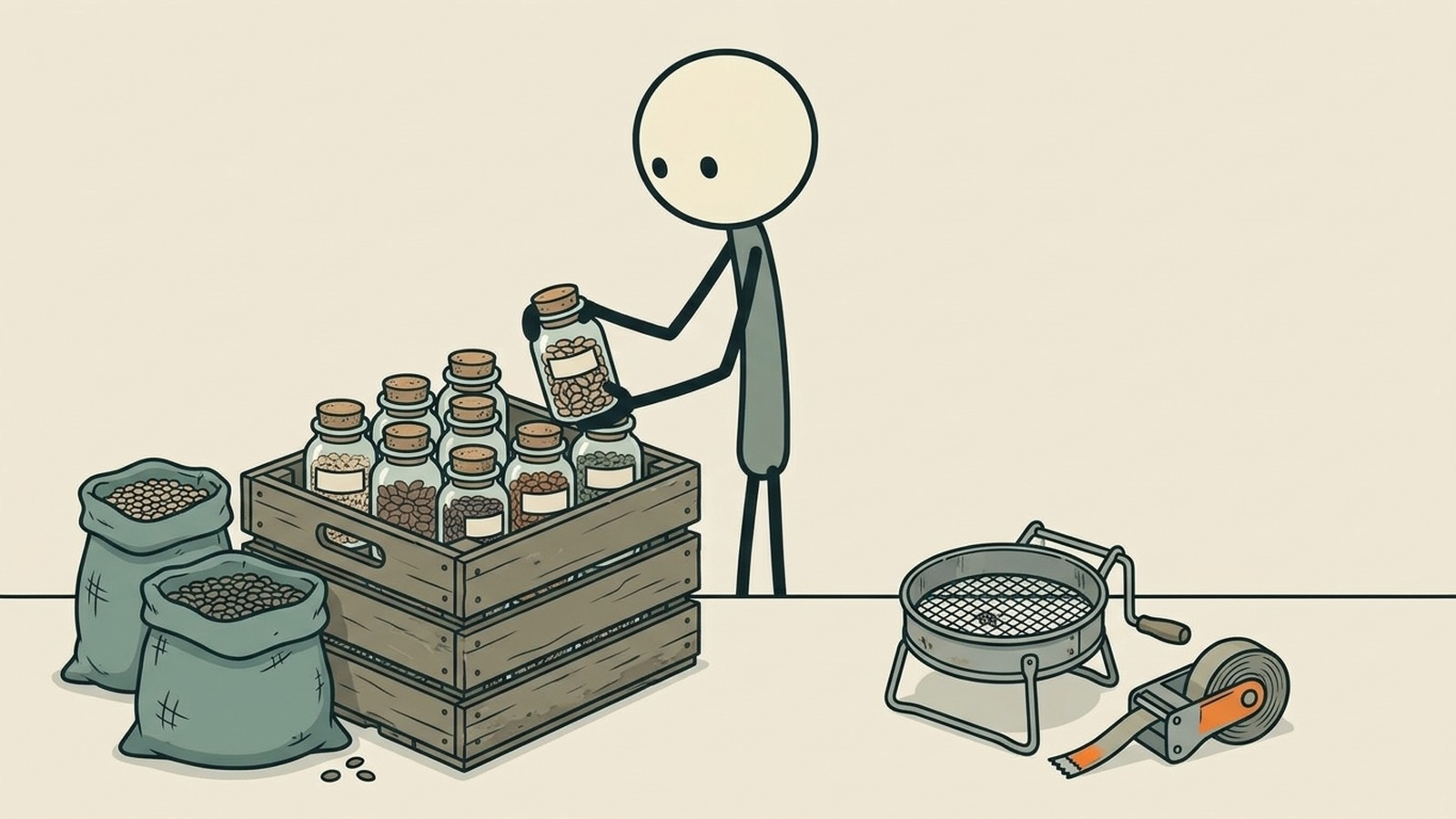 Ilustração estilo SC para Um guia completo para preparadores sobre como selecionar, colher e preservar sementes crioulas para construir um jardim de sobrevivência autossustentável que garante segurança alimentar a longo prazo durante crises prolongadas.