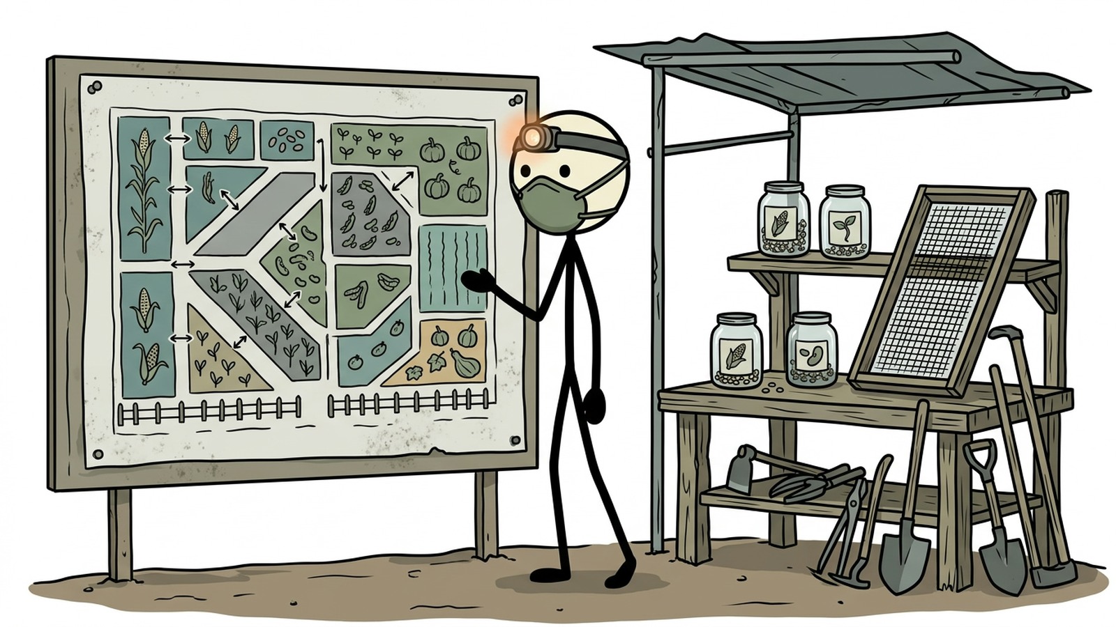 Ilustração estilo SC para Um guia completo para preparadores sobre como selecionar, colher e preservar sementes crioulas para construir um jardim de sobrevivência autossustentável que garante segurança alimentar a longo prazo durante crises prolongadas.