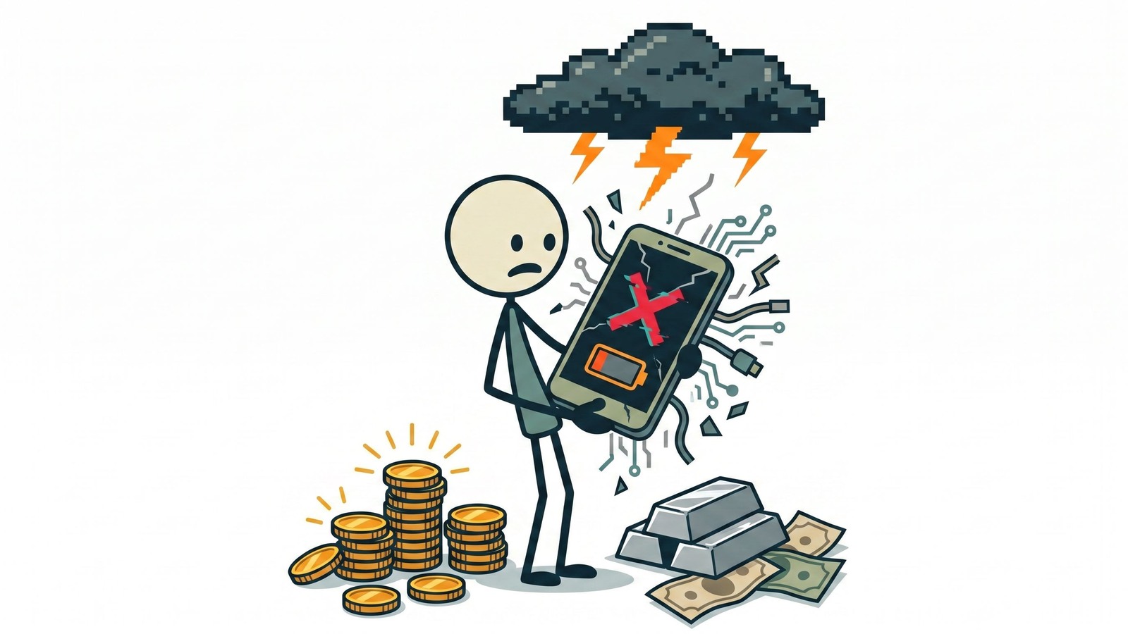 Ilustração estilo SC para Este post analisa a utilidade no mundo real e o valor de troca de metais preciosos versus moeda fiduciária durante várias etapas de colapso econômico ou emergências de queda de rede.