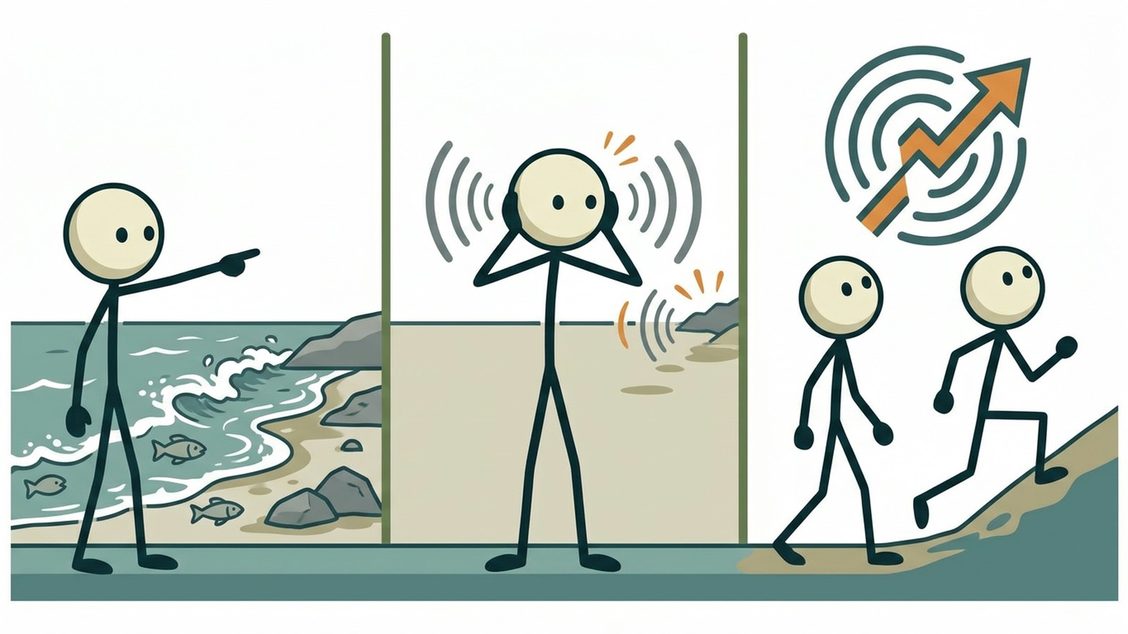 Ilustração estilo SC para explicar avisos oficiais, sinais naturais, rotas de evacuação, reunificação e segurança de retorno para famílias costeiras.