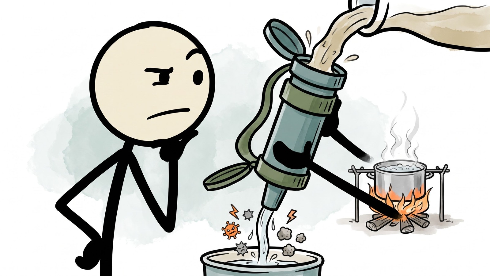 Ilustração estilo SC para Este post desmascara concepções perigosas sobre filtros de água portáteis, identificando os contaminantes específicos que eles não conseguem remover e delineando os cenários críticos onde a fervura é o único método seguro de purificação.