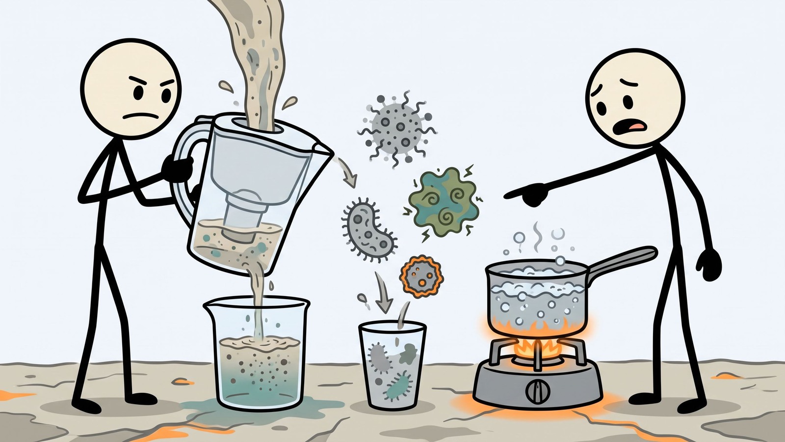 Ilustração estilo SC para Este post desmascara concepções perigosas sobre filtros de água portáteis, identificando os contaminantes específicos que eles não conseguem remover e delineando os cenários críticos onde a fervura é o único método seguro de purificação.