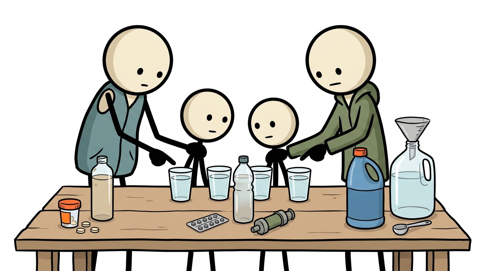 Ilustração estilo SC para um guia prático de emergência sobre comprimidos de purificação de água para famílias, comparando iodo, dióxido de cloro e alvejante de hipoclorito de sódio; explica a vida útil, quando os comprimidos superam os filtros, quando os filtros superam os comprimidos, uso seguro e orientação de compra.