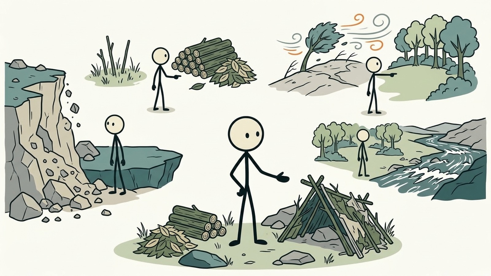 Ilustração estilo SC para Este guia completo fornece instruções passo a passo para a construção de seis abrigos de emergência na natureza altamente eficazes e fáceis para iniciantes, usando recursos naturais prontamente disponíveis para garantir a sobrevivência em situações críticas ao ar livre.