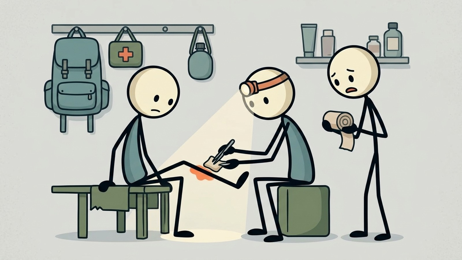 Ilustração estilo SC para um guia de preparação para emergências focado na identificação dos primeiros sinais de infecção de feridas e na administração de protocolos de tratamento de primeiros socorros off-grid quando a ajuda médica profissional não está disponível.