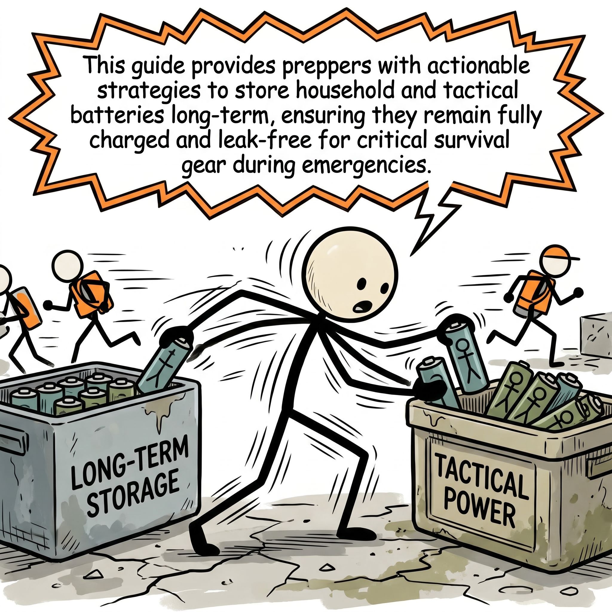 SC-style illustration for This guide provides preppers with actionable strategies to store household and tactical batteries long-term, ensuring they remain fully charged and leak-free for critical survival gear during emergencies.