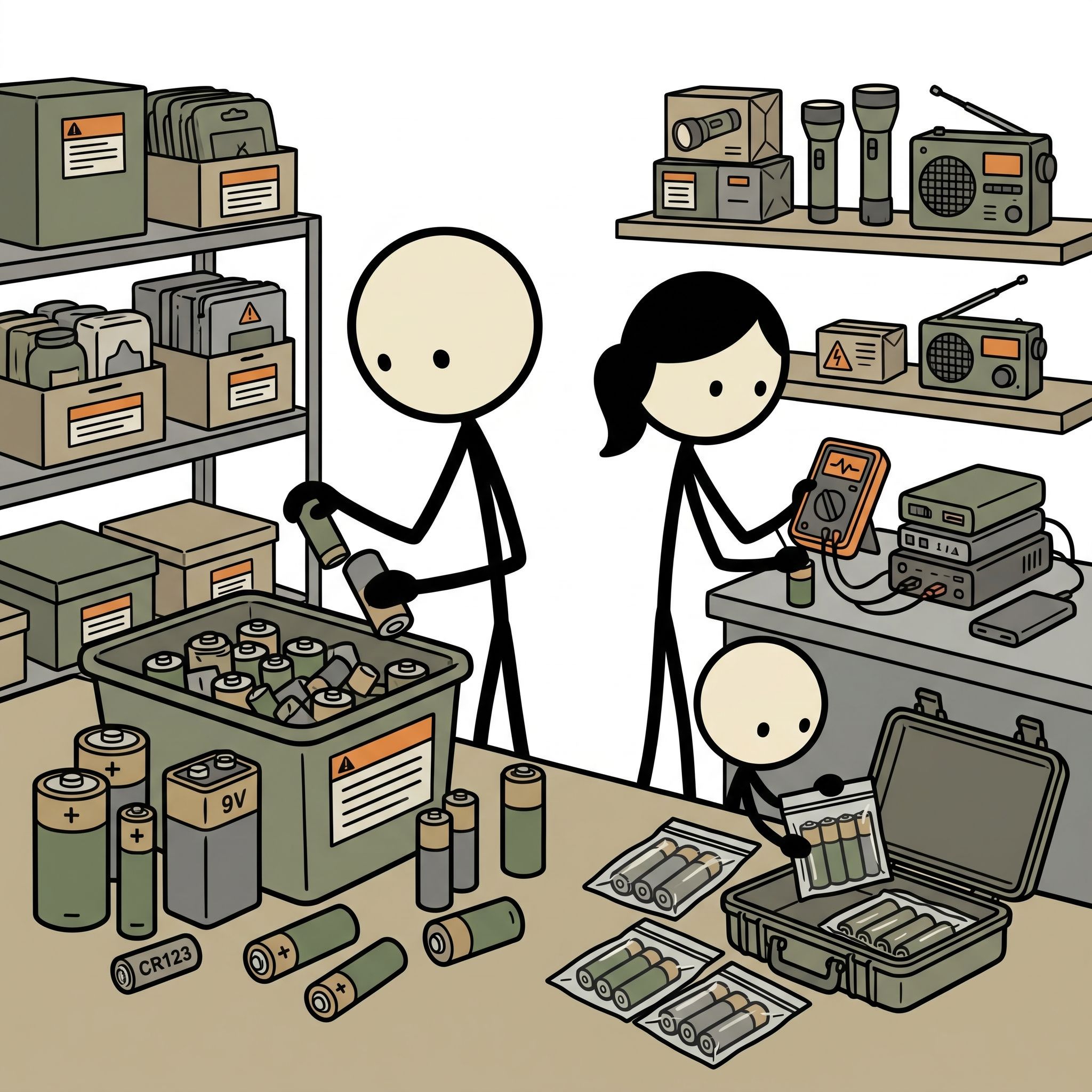 SC-style illustration for This guide provides preppers with actionable strategies to store household and tactical batteries long-term, ensuring they remain fully charged and leak-free for critical survival gear during emergencies.