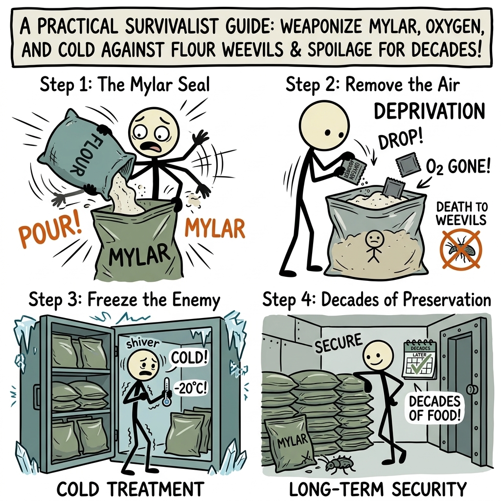 SC-style illustration for A practical survivalist guide on using Mylar bags, oxygen absorbers, and cold-treatment methods to protect bulk flour from weevils and spoilage for decades.