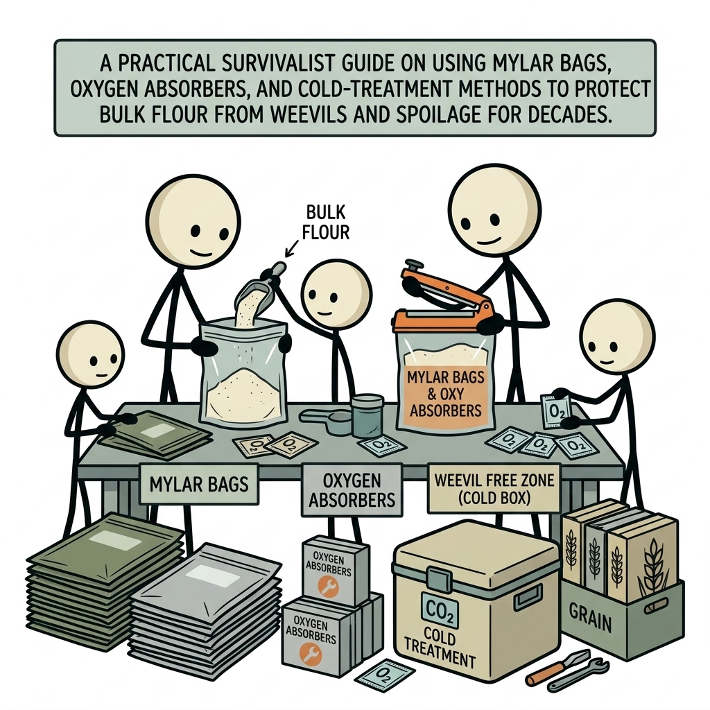 SC-style illustration for A practical survivalist guide on using Mylar bags, oxygen absorbers, and cold-treatment methods to protect bulk flour from weevils and spoilage for decades.