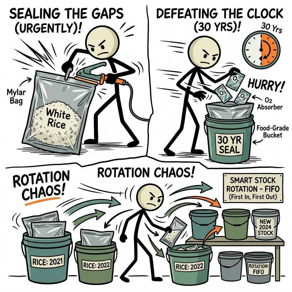 SC-style illustration for A practical prepper guide on preserving white rice for up to 30 years using food-grade buckets, Mylar bags, oxygen absorbers, and smart stock rotation.