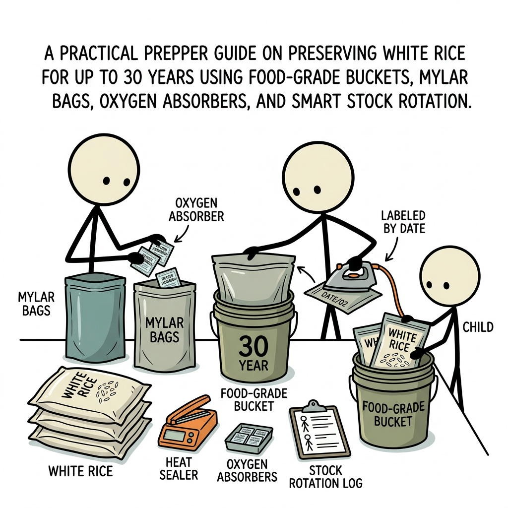 SC-style illustration for A practical prepper guide on preserving white rice for up to 30 years using food-grade buckets, Mylar bags, oxygen absorbers, and smart stock rotation.
