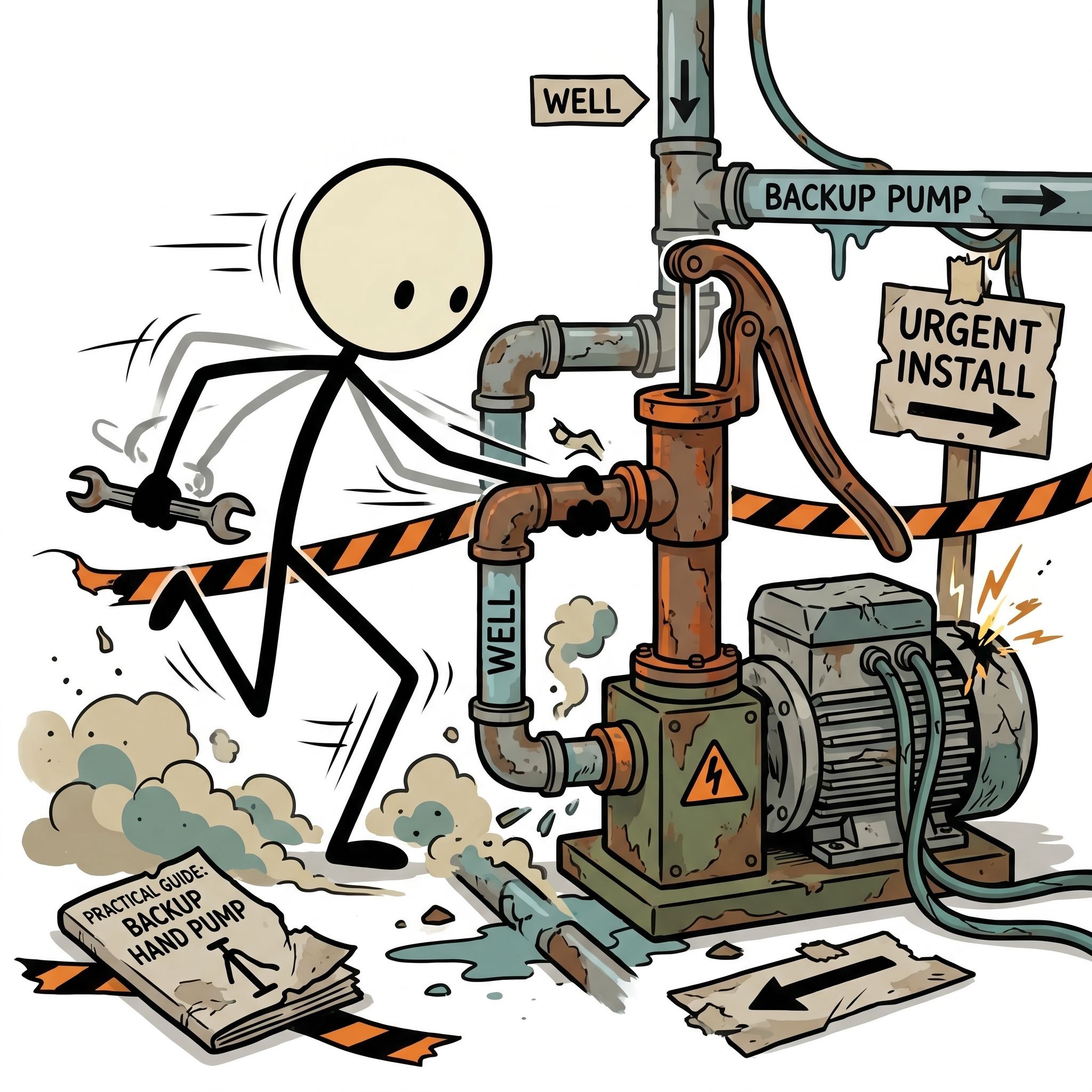 SC-style illustration for Practical guide to installing a manual hand pump as a backup alongside an existing electric well pump