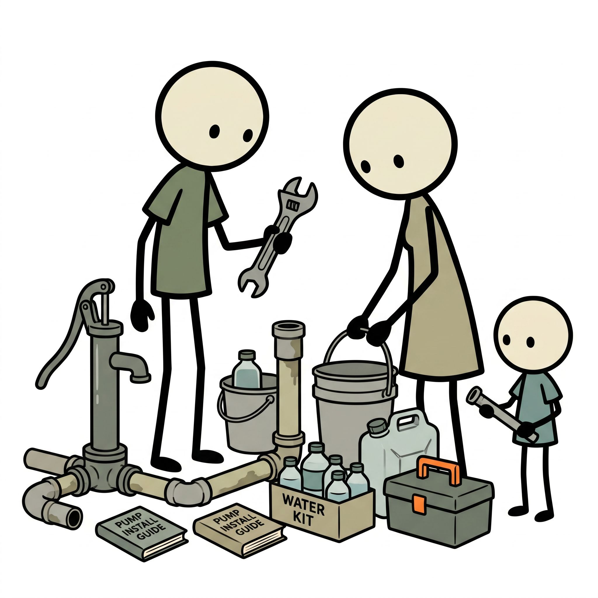 SC-style illustration for Practical guide to installing a manual hand pump as a backup alongside an existing electric well pump