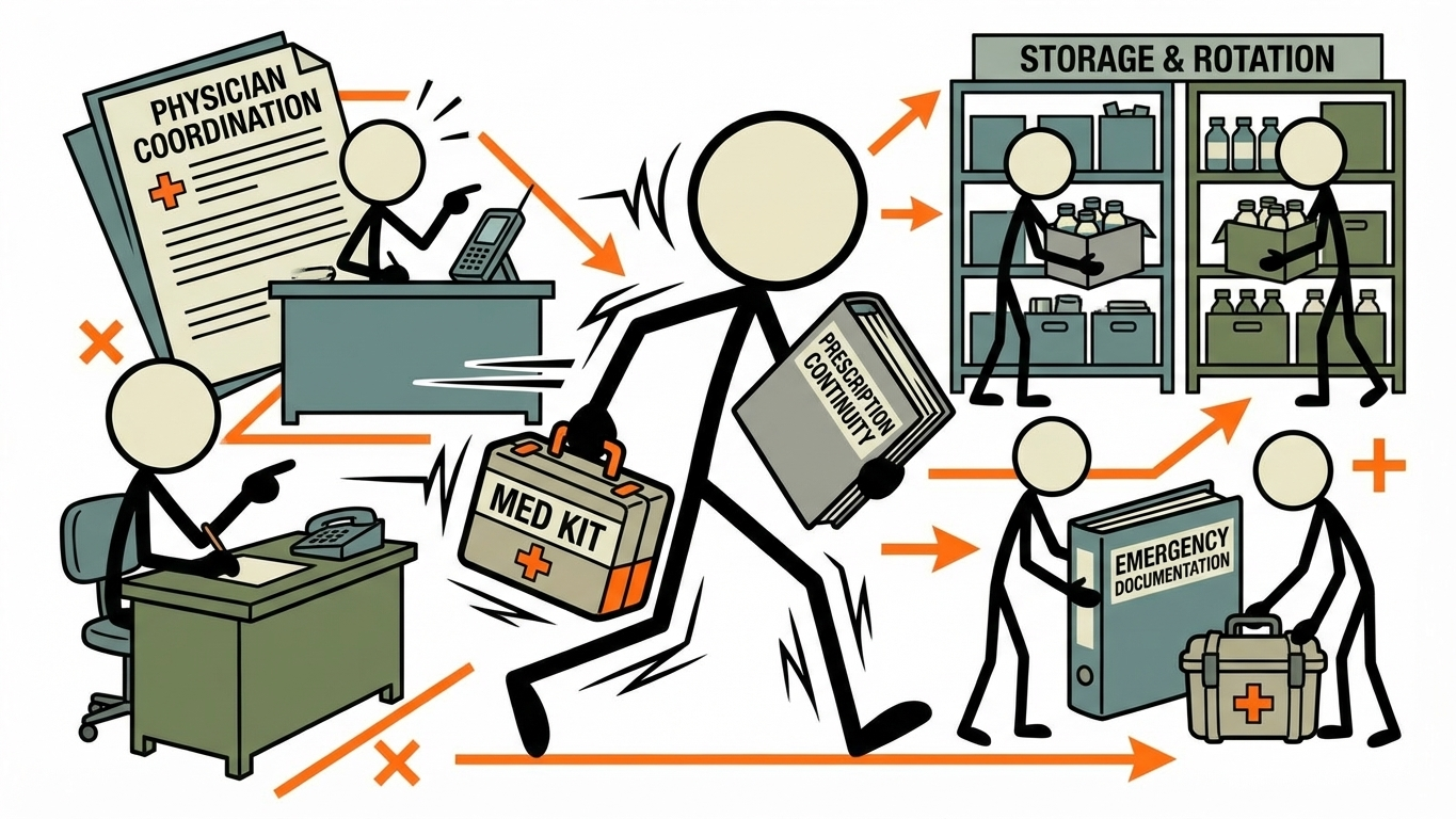 SC-style illustration for medical preparedness focused on prescription continuity, physician coordination, storage, rotation, and emergency documentation
