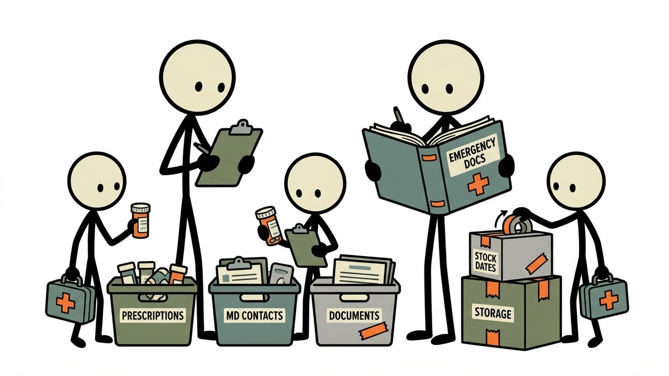 SC-style illustration for medical preparedness focused on prescription continuity, physician coordination, storage, rotation, and emergency documentation