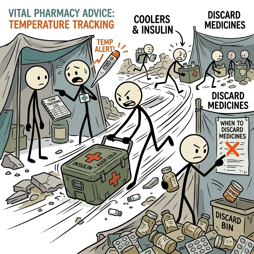 SC-style illustration for Cover temperature tracking, coolers, pharmacy advice, insulin, and when to discard medicines.