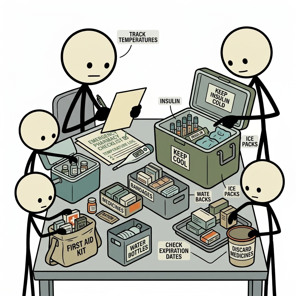 SC-style illustration for Cover temperature tracking, coolers, pharmacy advice, insulin, and when to discard medicines.
