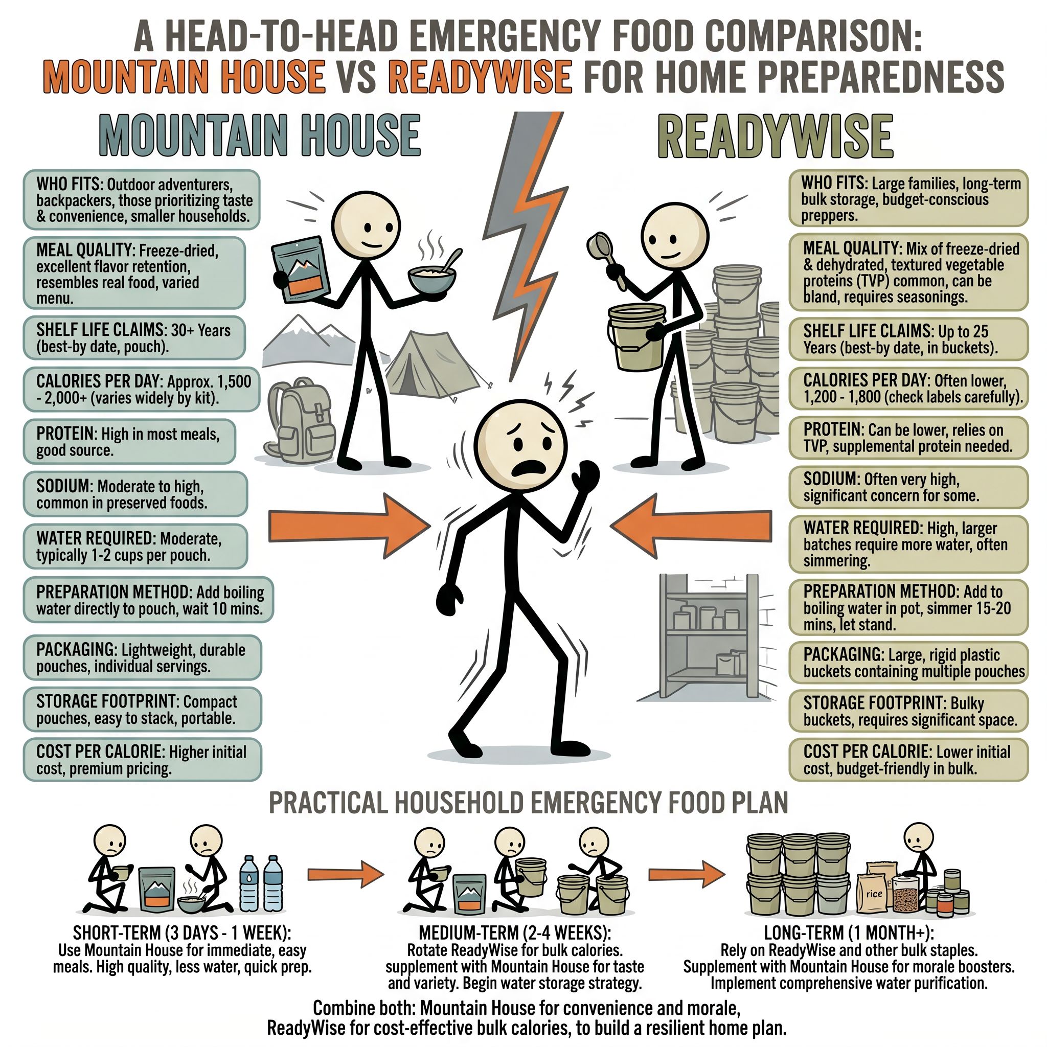 SC-style illustration for A head-to-head emergency food comparison of Mountain House vs ReadyWise for home preparedness. Explain who each brand fits, meal quality, shelf life claims, calories per day, protein, sodium, water required, preparation method, packaging, storage footprint, cost per calorie, and how to use both brands inside a practical household emergency food plan.