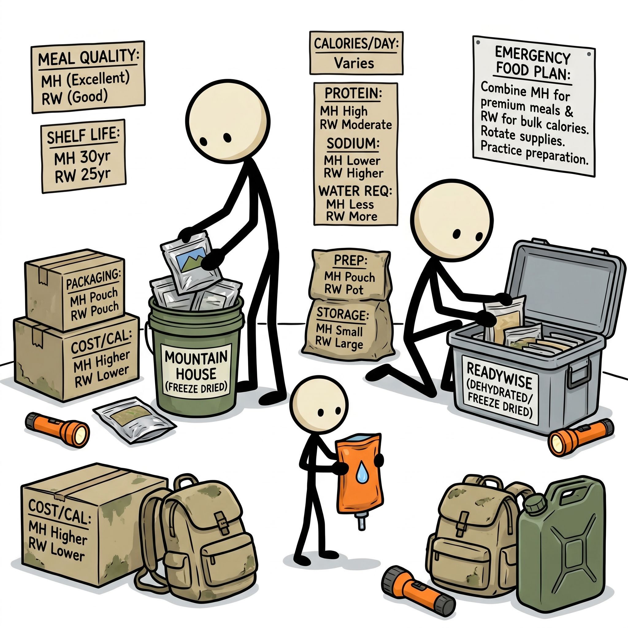 SC-style illustration for A head-to-head emergency food comparison of Mountain House vs ReadyWise for home preparedness. Explain who each brand fits, meal quality, shelf life claims, calories per day, protein, sodium, water required, preparation method, packaging, storage footprint, cost per calorie, and how to use both brands inside a practical household emergency food plan.
