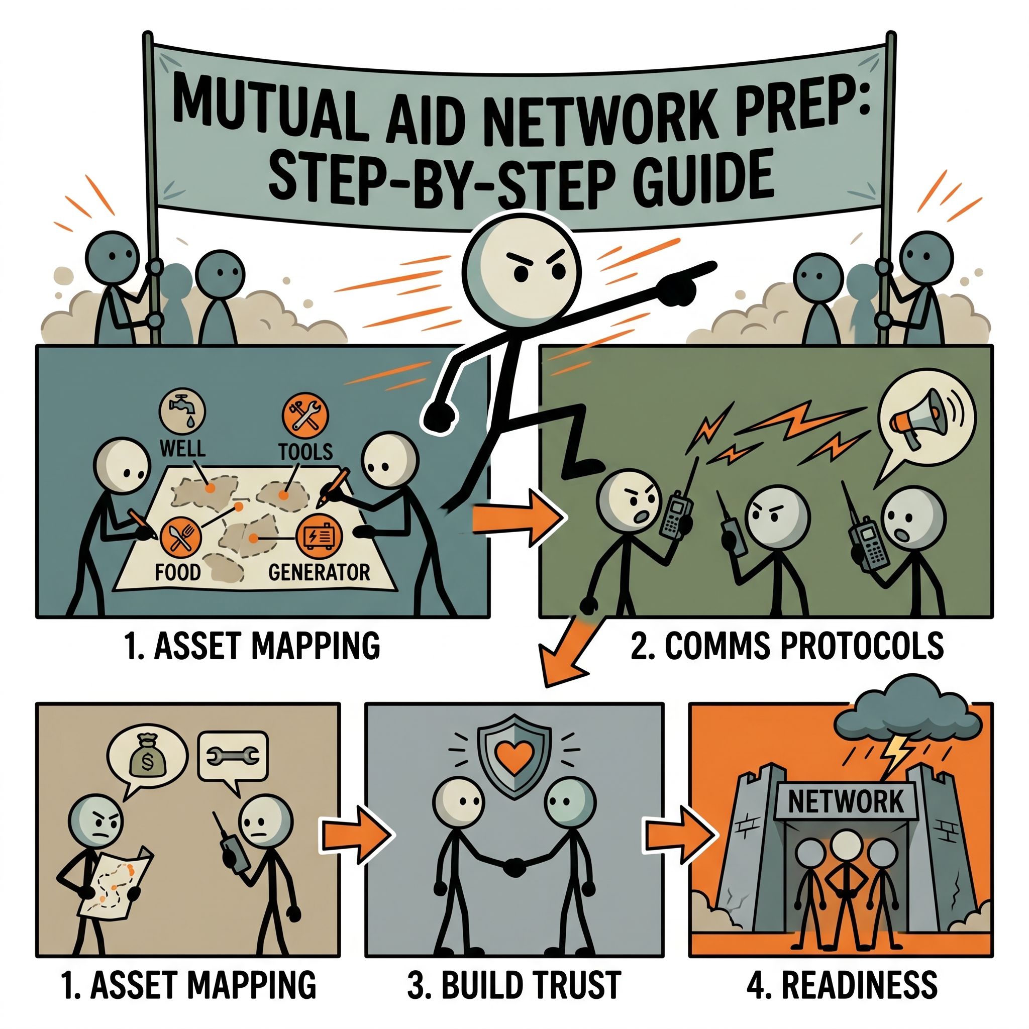 SC-style illustration for A step-by-step guide for local communities to establish a structured, self-reliant mutual aid network before emergencies occur, focusing on asset mapping, communication protocols, and community trust.