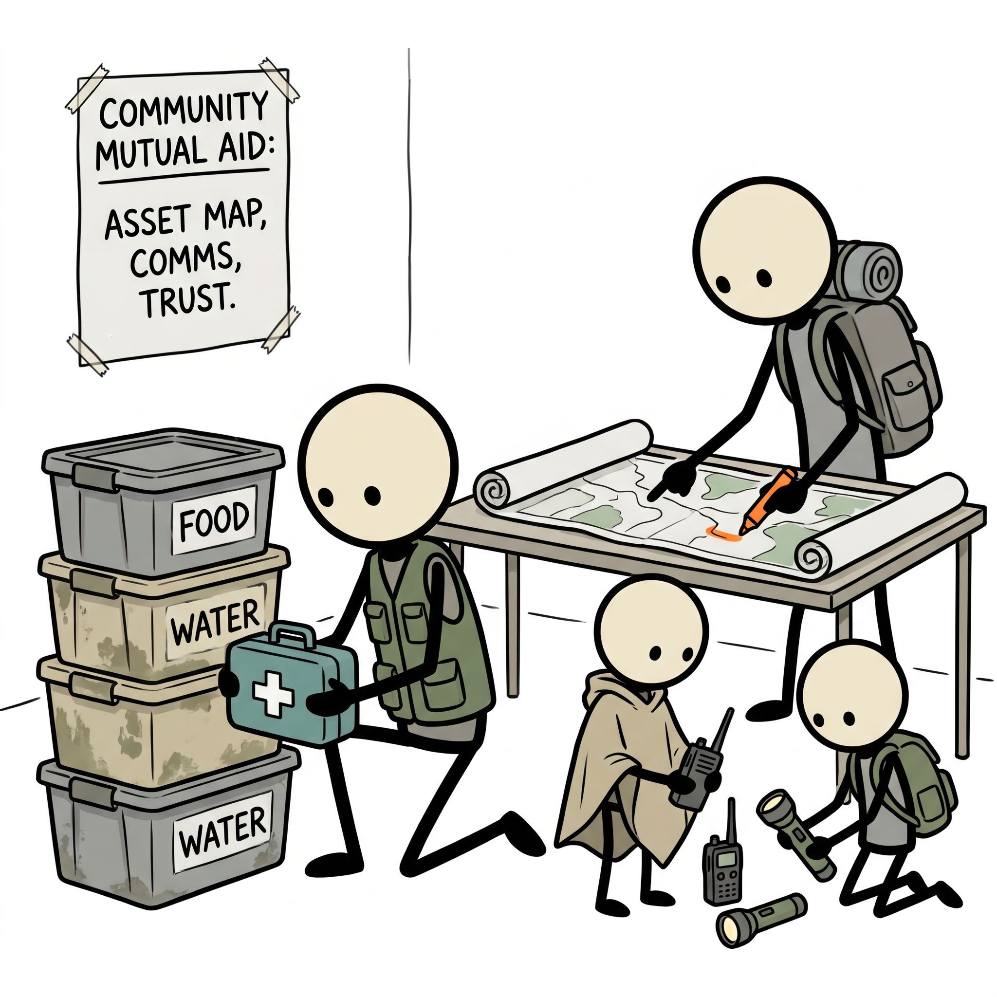 SC-style illustration for A step-by-step guide for local communities to establish a structured, self-reliant mutual aid network before emergencies occur, focusing on asset mapping, communication protocols, and community trust.