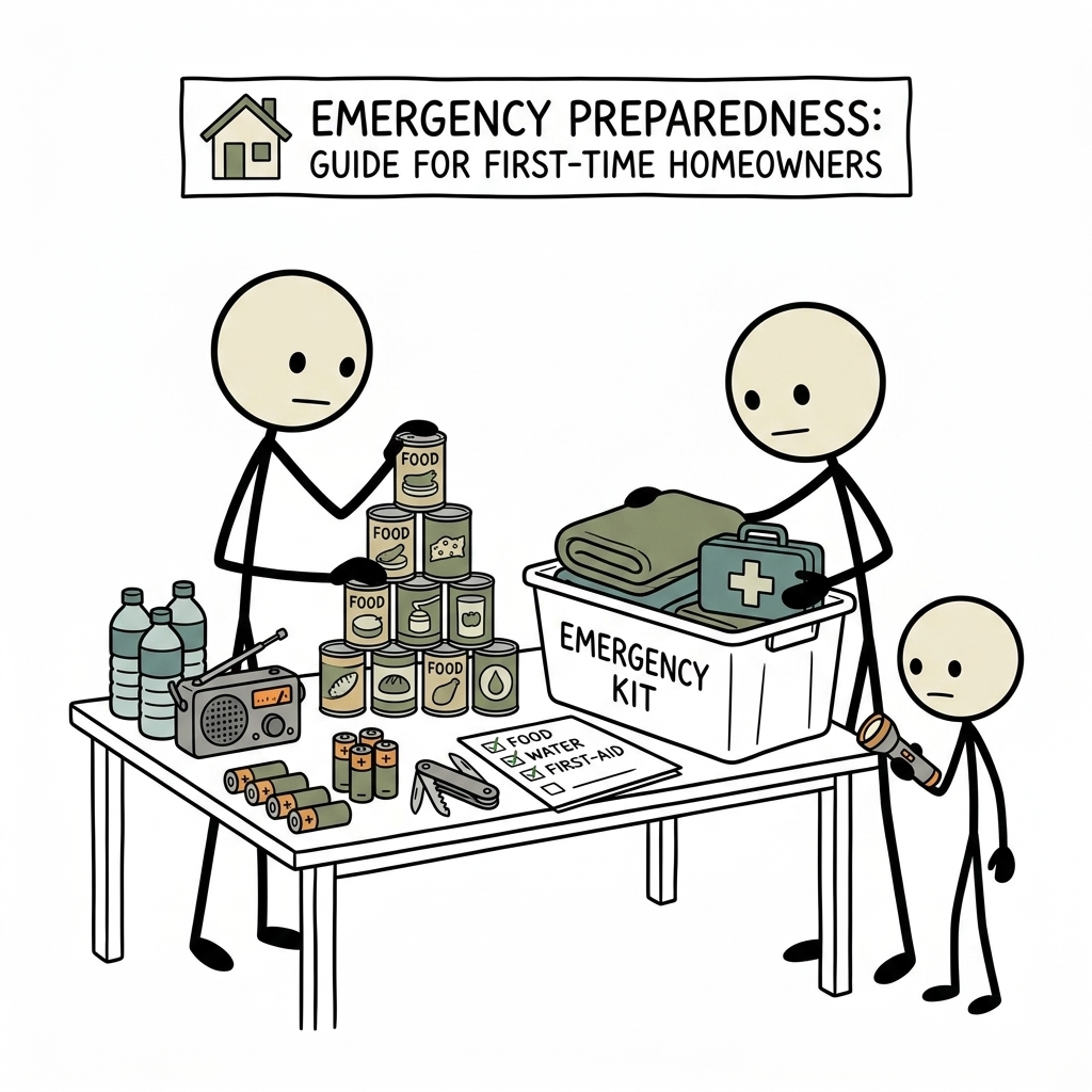 SC-style illustration for Emergency preparedness guide specifically for first-time homeowners