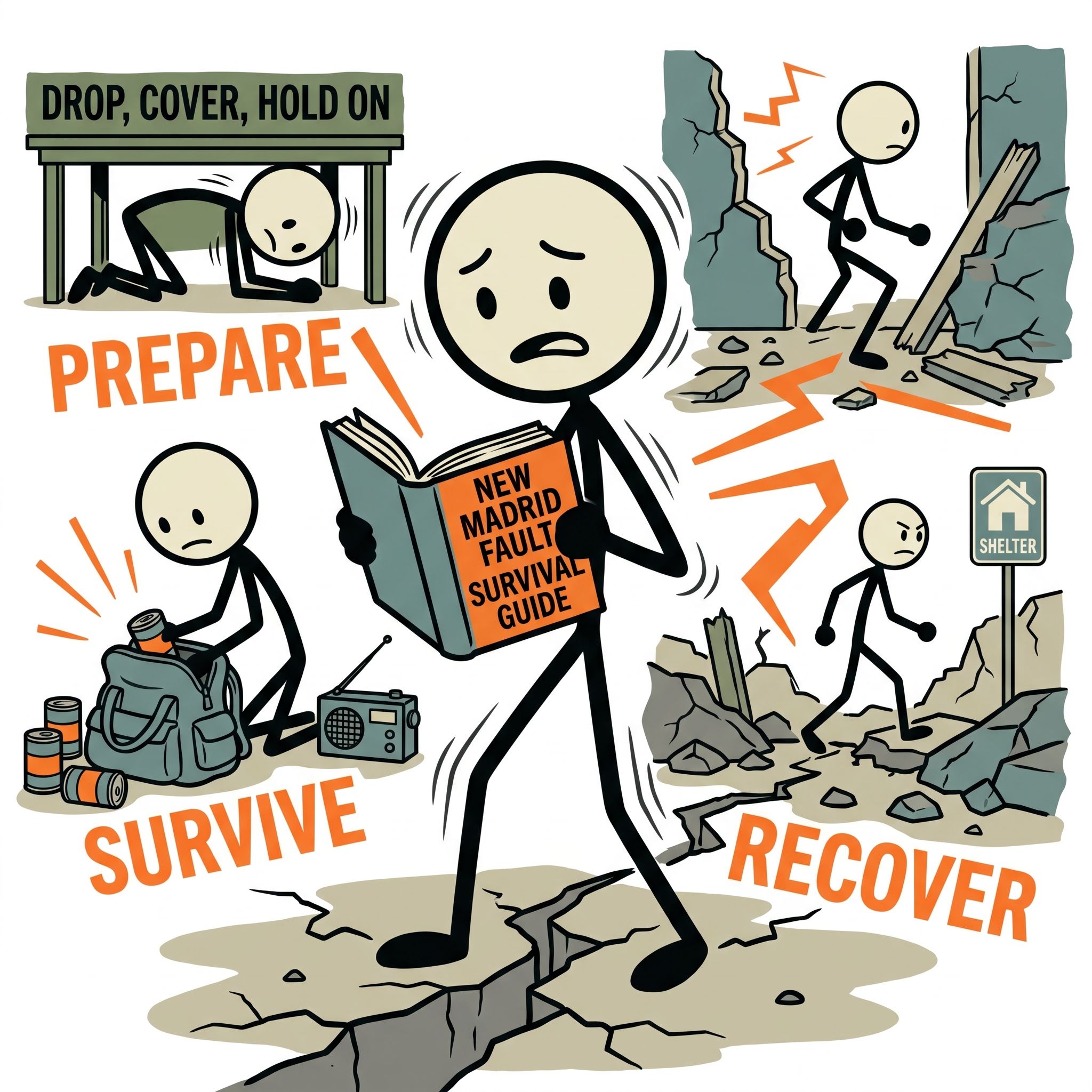 SC-style illustration for A comprehensive survival guide tailored for Midwestern residents to prepare for, survive, and recover from a major seismic event along the historically volatile New Madrid Fault Zone.