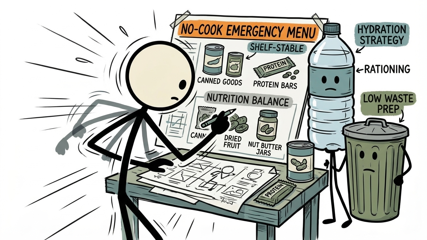 SC-style illustration for designing a no-cook emergency menu with shelf-stable foods, hydration strategy, nutrition balance, and low-waste prep