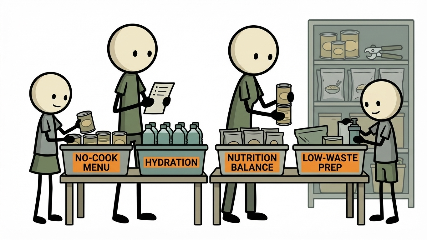 SC-style illustration for designing a no-cook emergency menu with shelf-stable foods, hydration strategy, nutrition balance, and low-waste prep