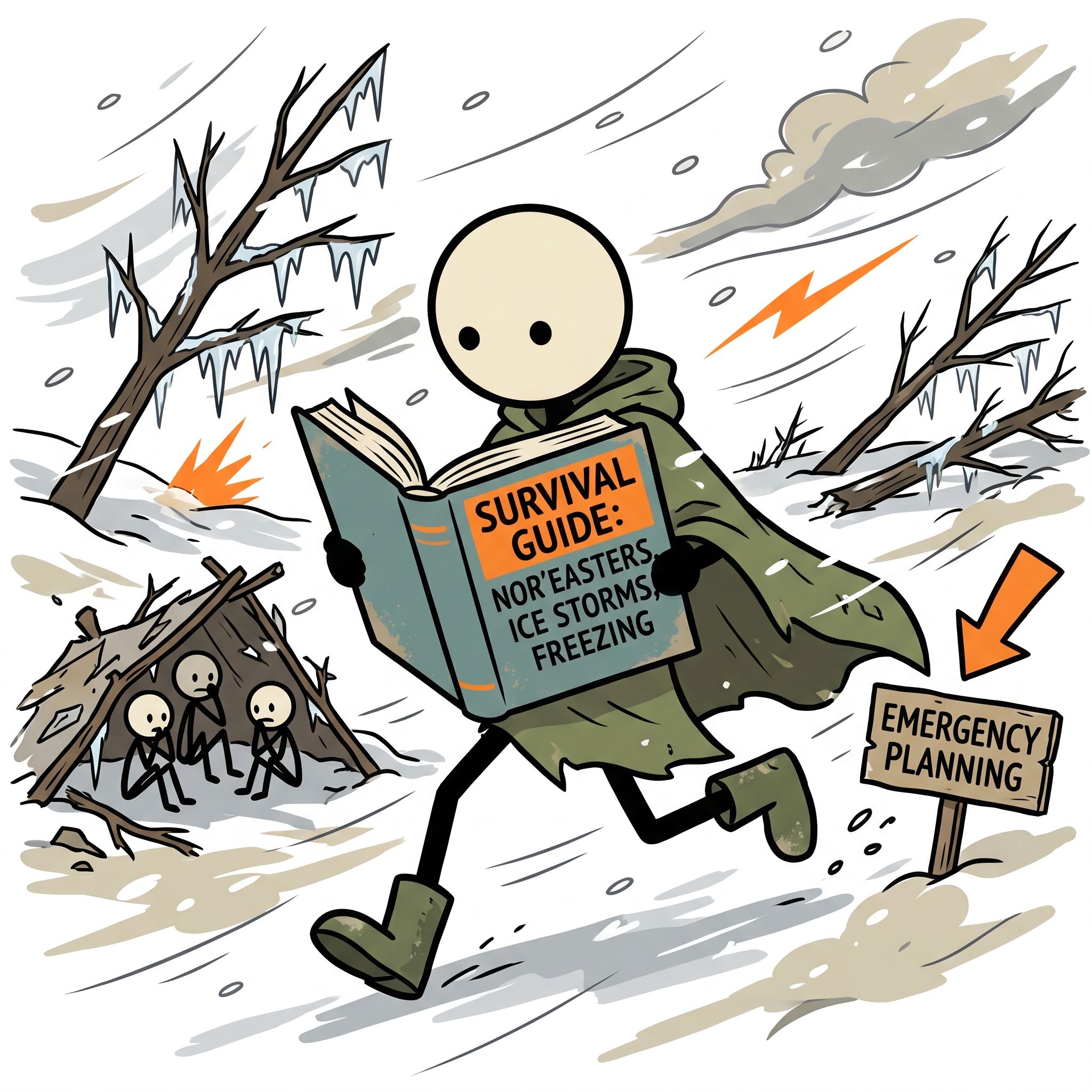 SC-style illustration for This comprehensive guide provides actionable survival strategies and emergency planning advice for Northeast residents facing severe Nor'easters, destructive ice storms, and prolonged freezing temperatures.