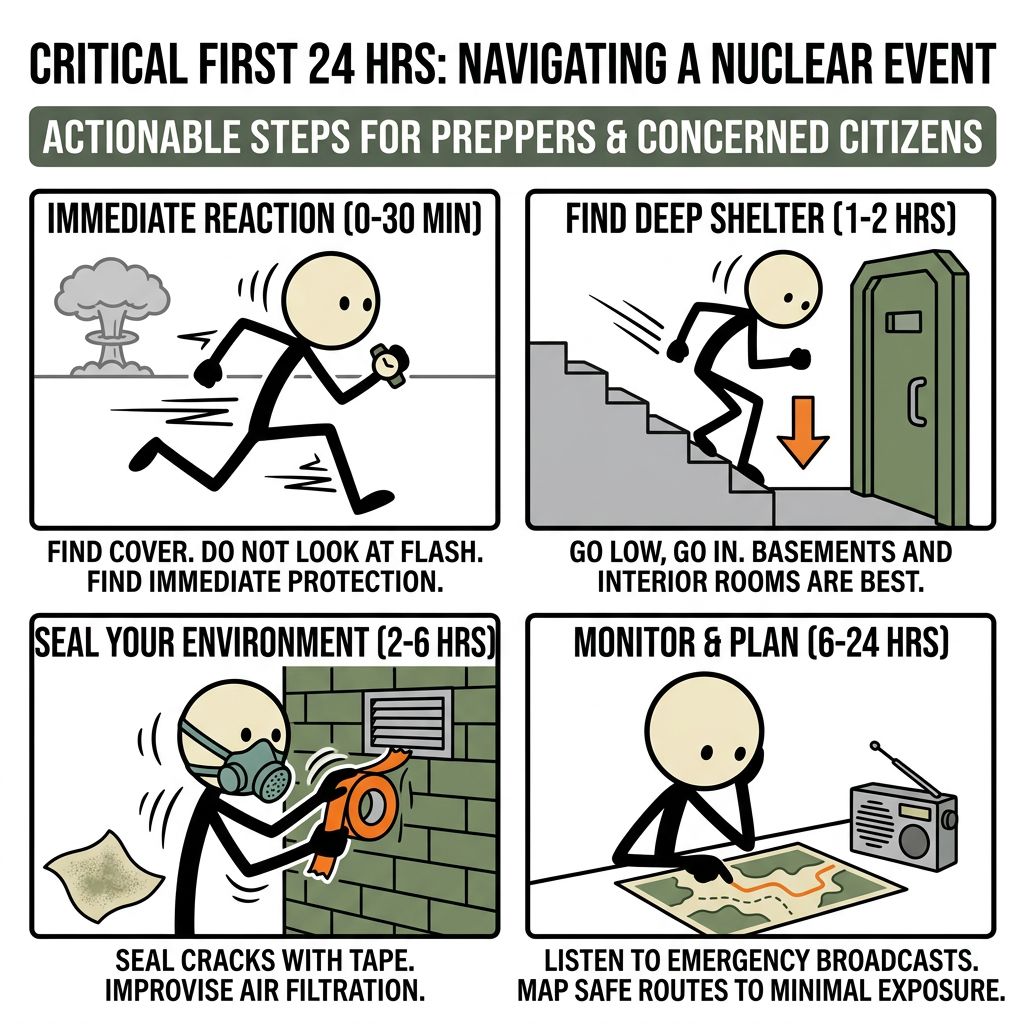 SC-style illustration for This guide provides actionable, step-by-step instructions for preppers and concerned citizens on how to safely navigate the critical first 24 hours following a nuclear blast to minimize radiation exposure.