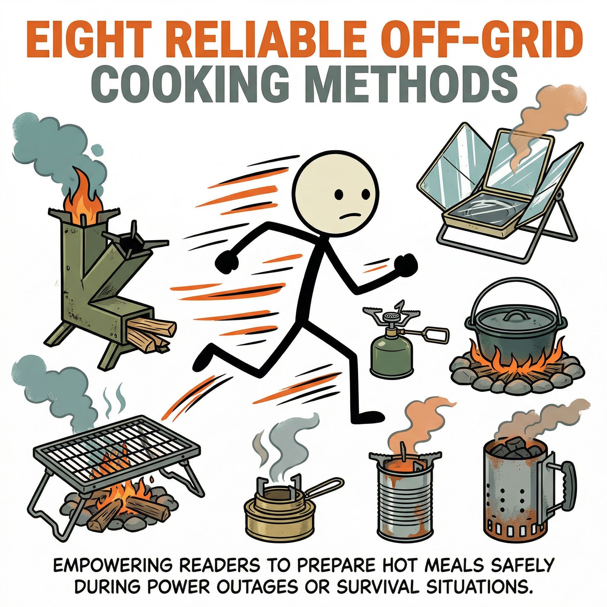 SC-style illustration for This post provides a comprehensive guide to eight reliable off-grid cooking methods, empowering readers to prepare hot meals safely during power outages or survival situations.
