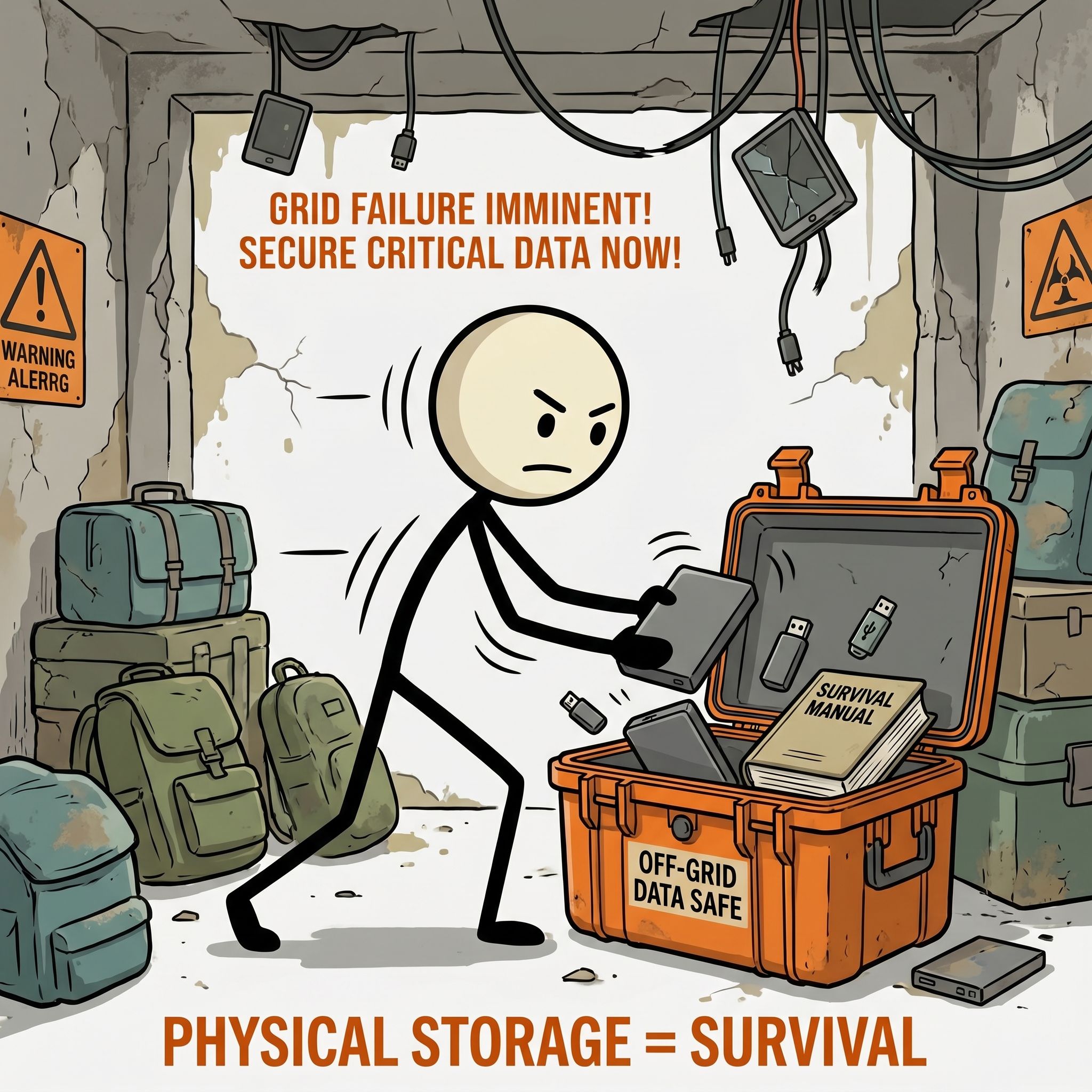 SC-style illustration for A comprehensive guide on securing critical personal, financial, and survival data using physical, off-grid storage solutions to ensure information access during long-term power grid failures or internet outages.