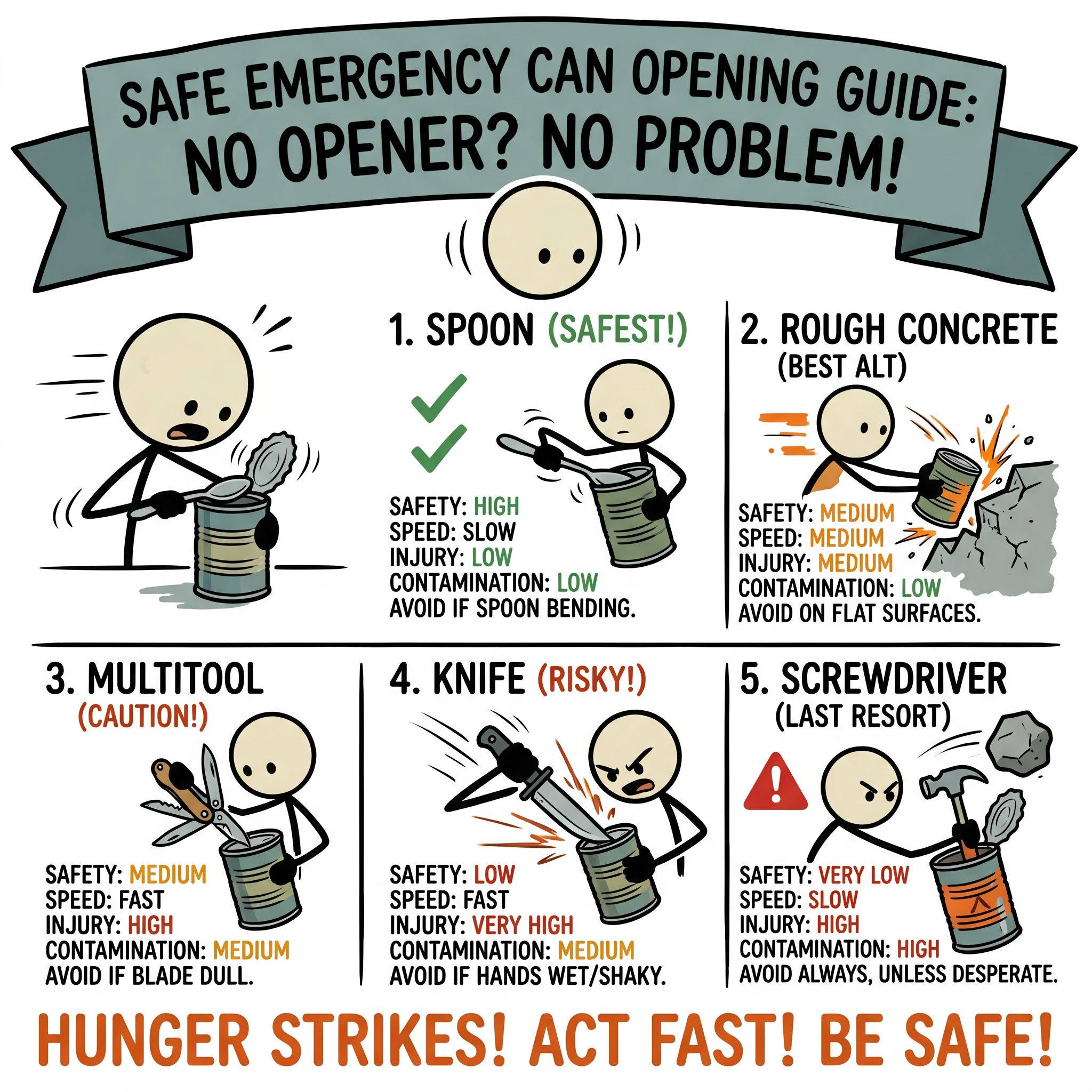 SC-style illustration for A safe emergency food-access guide explaining how to open a can without a can opener. Rank spoon, rough concrete, multitool, knife, and screwdriver methods by safety, speed, injury risk, food contamination risk, and when not to attempt them.