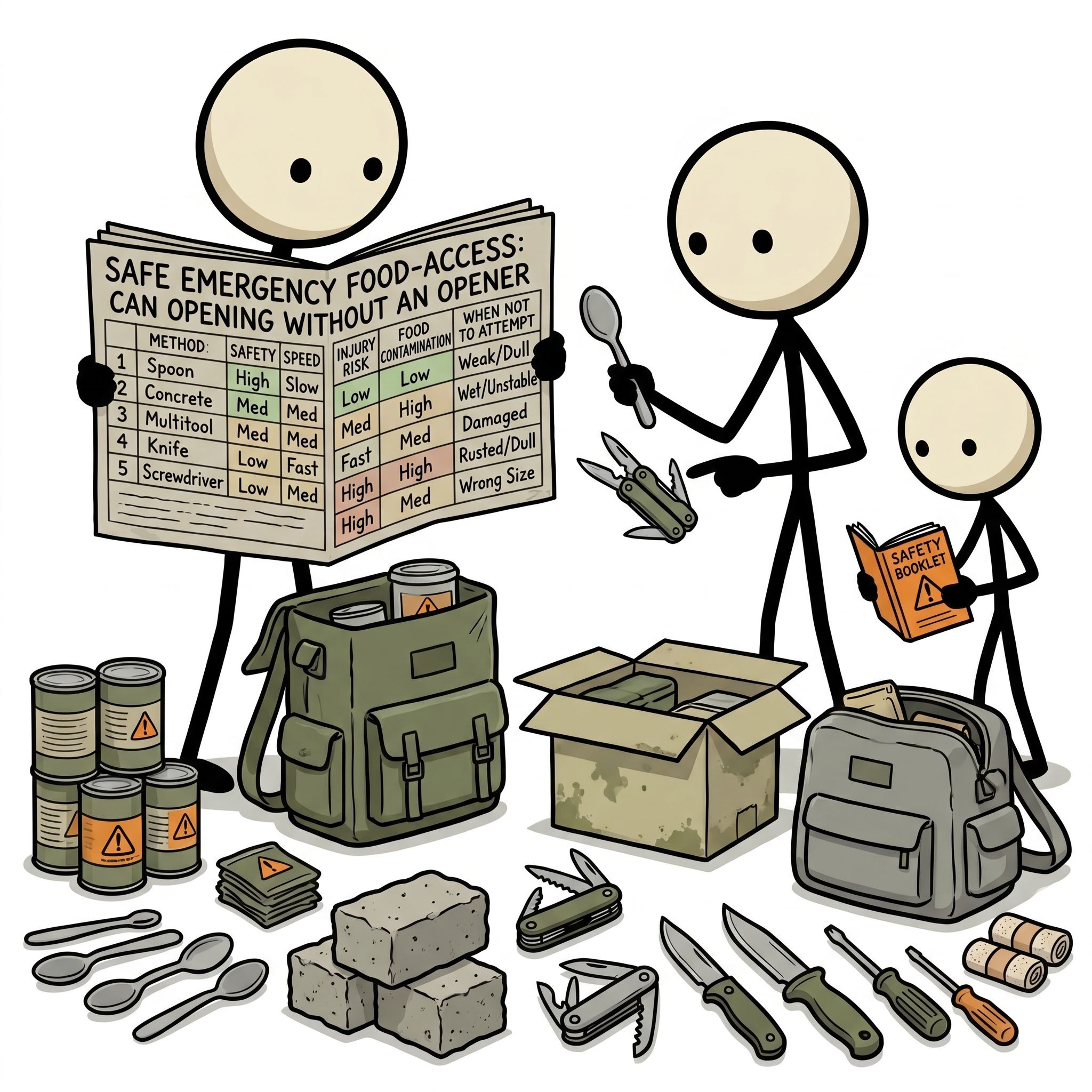 SC-style illustration for A safe emergency food-access guide explaining how to open a can without a can opener. Rank spoon, rough concrete, multitool, knife, and screwdriver methods by safety, speed, injury risk, food contamination risk, and when not to attempt them.