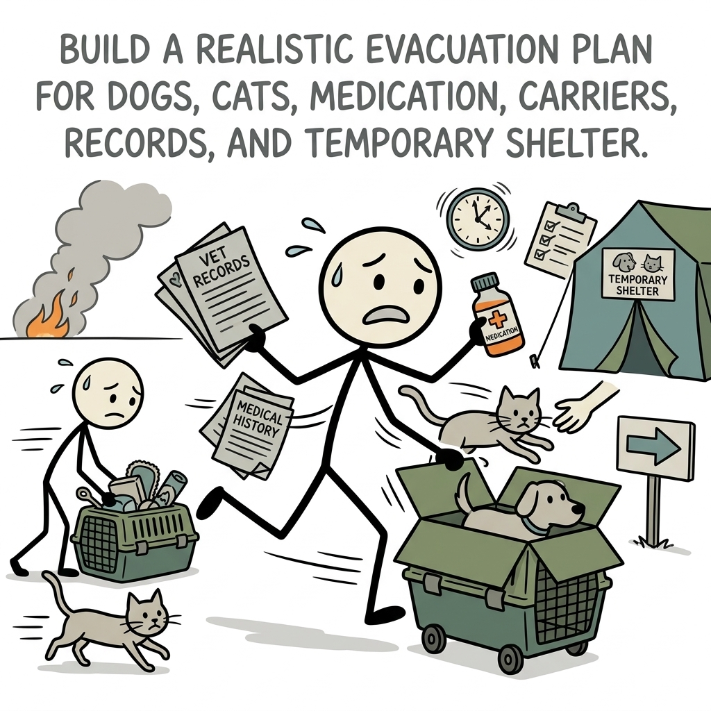 SC-style illustration for Build a realistic evacuation plan for dogs, cats, medication, carriers, records, and temporary shelter.