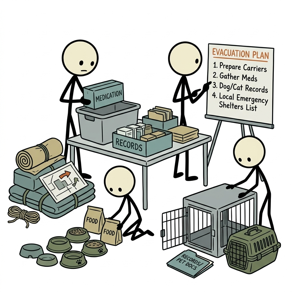 SC-style illustration for Build a realistic evacuation plan for dogs, cats, medication, carriers, records, and temporary shelter.