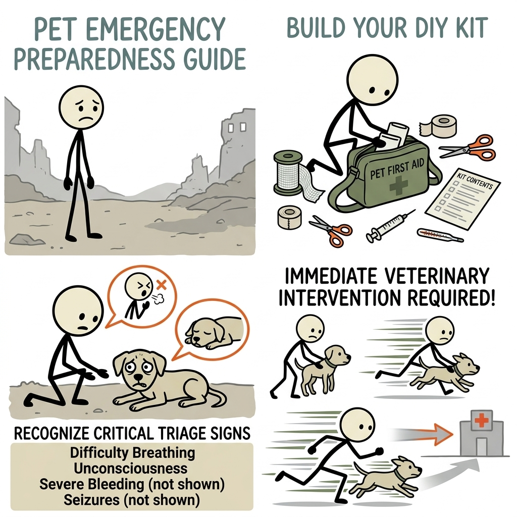 SC-style illustration for A comprehensive emergency preparedness guide detailing essential supplies for building a DIY pet first aid kit and recognizing critical medical triage signs that require immediate veterinary intervention.
