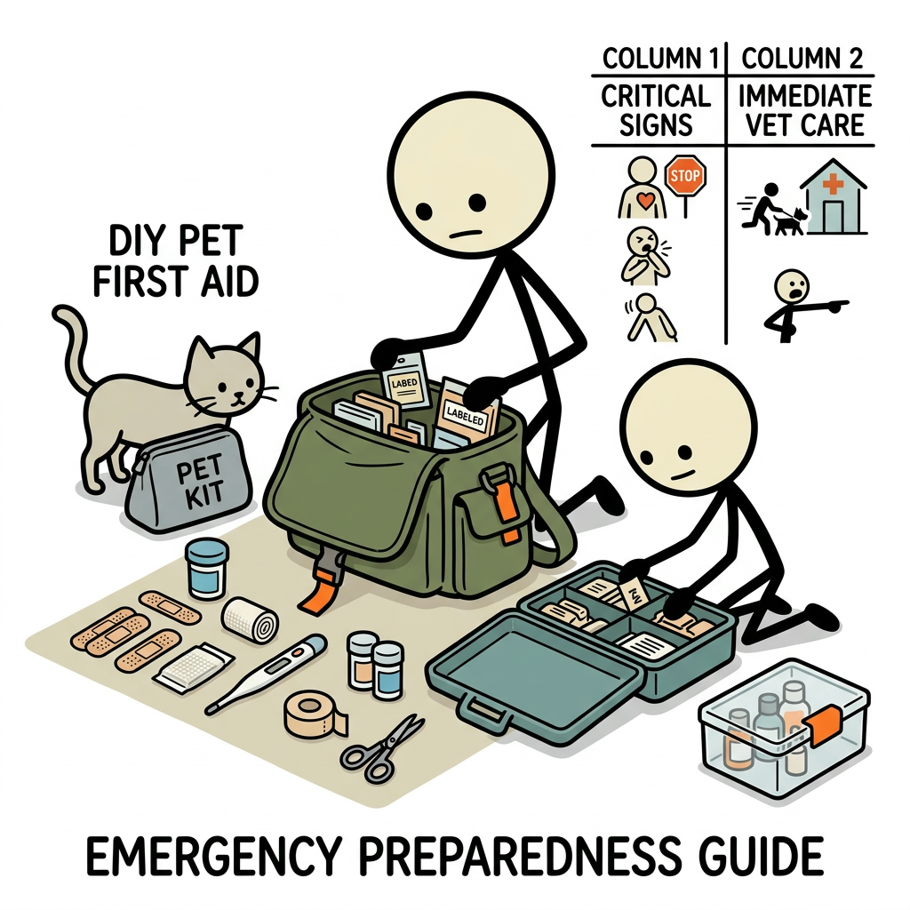 SC-style illustration for A comprehensive emergency preparedness guide detailing essential supplies for building a DIY pet first aid kit and recognizing critical medical triage signs that require immediate veterinary intervention.