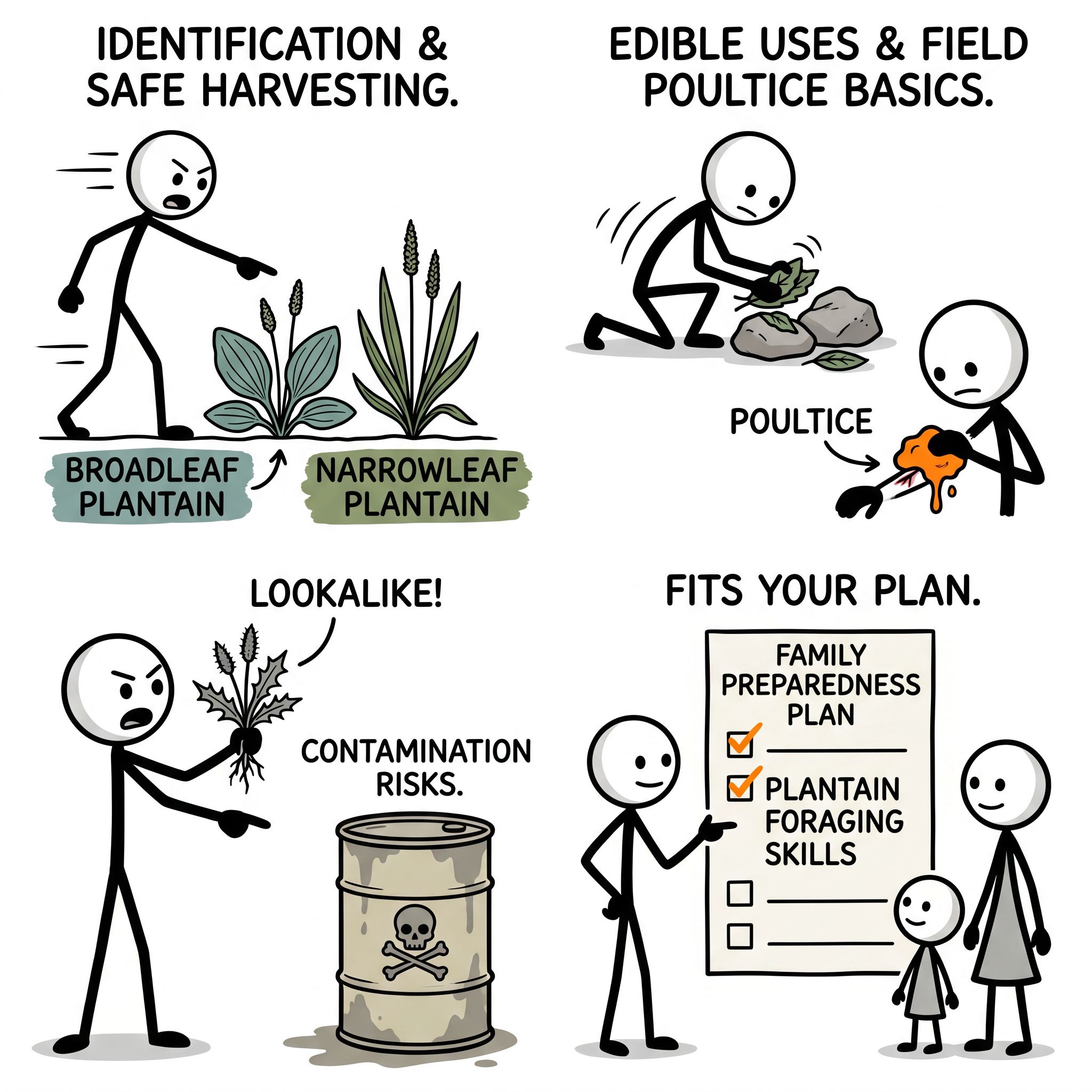 SC-style illustration for A practical survival-foraging article on broadleaf plantain weed and narrowleaf plantain: identification, safe harvesting, edible uses, field poultice basics, lookalikes, contamination risks, and how it fits a family preparedness plan.
